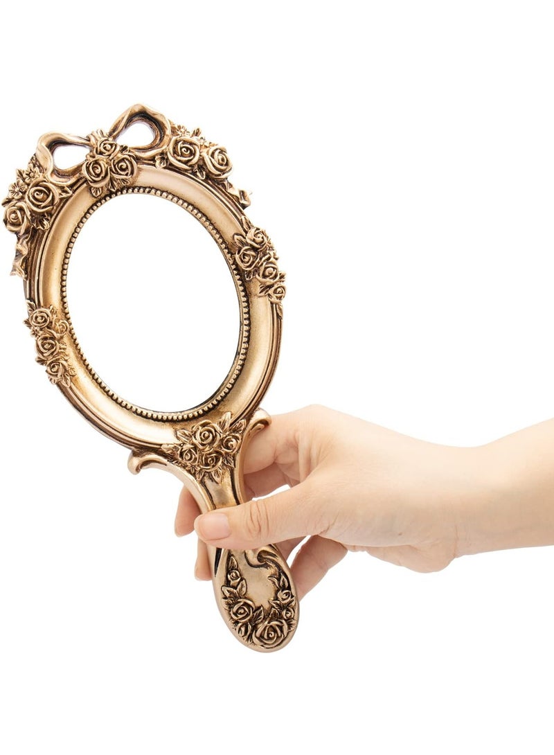 Vintage Handheld Mirror Embossed Flower Hand Held Mirror Makeup Mirror Vanity Mirror Decorative Cute Hand Mirror (Bronze) - Image 1